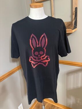 Psycho Bunny black pima cotton crew neck tee shirt with orange logo size 6